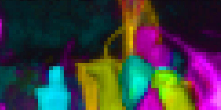 Pixelated microscopy image of cellular structures serving as a symbol for the topic of biomedical imaging